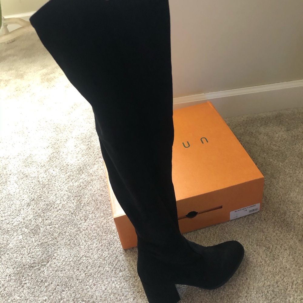 Thigh high boots with block heel. (NEVER WORN)